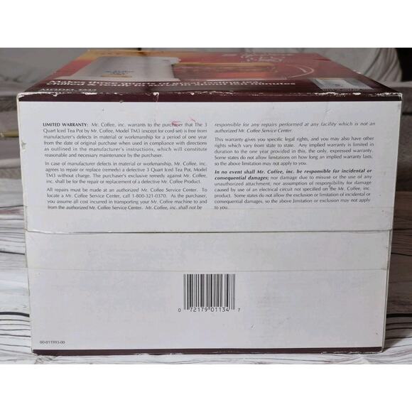 Mr Coffee THE 3 QUART ICED TEA POT Maker - TM3 Brand New Condition 1993 - Picture 6 of 6